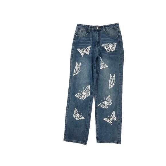 Shein Straight leg Butterflies Womens' size 4 Dark Wash Blue Denim Jeans - Picture 1 of 5